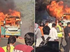 इंदौर-भोपाल हाईवे पर चलती बस में लगी भीषण आग, यात्रियों ने खिड़की से कूदकर बचाई जान